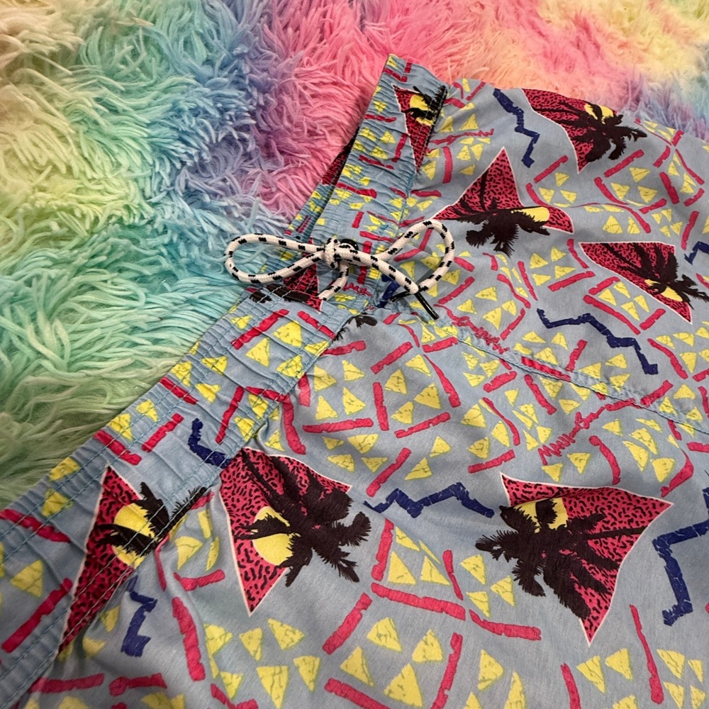 Maui and Sons Mens Blue 80s Retro Palm Tree Geometric Print Swim Trunks Large - Picture 3 of 6